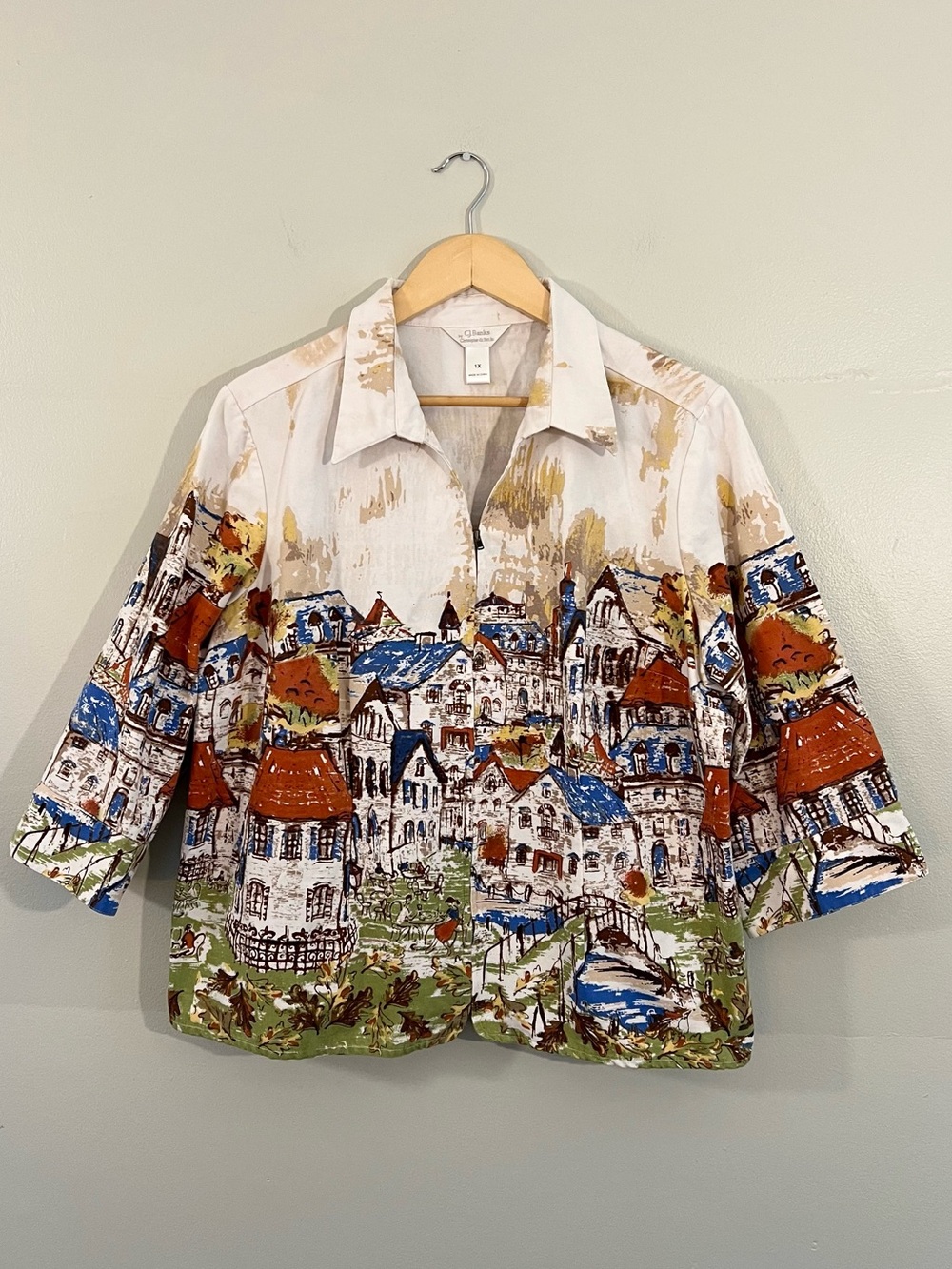 Y2K Christopher & Banks multicolored folk village scene zip up jacket 2000’s art